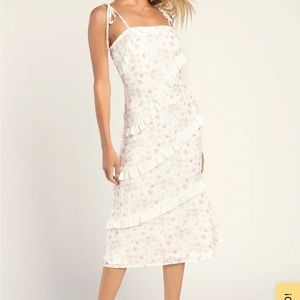 Lulu’s Endlessly Adored White Floral Print Tie-Strap Midi Dress